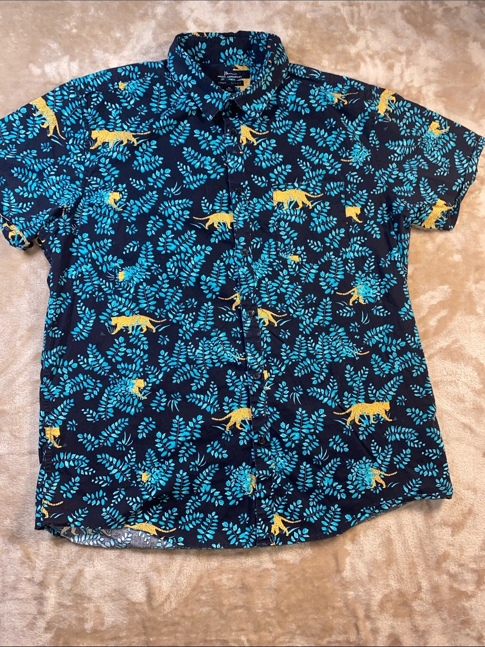 Marc Anthony with Teal Leaf Print and Jaguar print button down